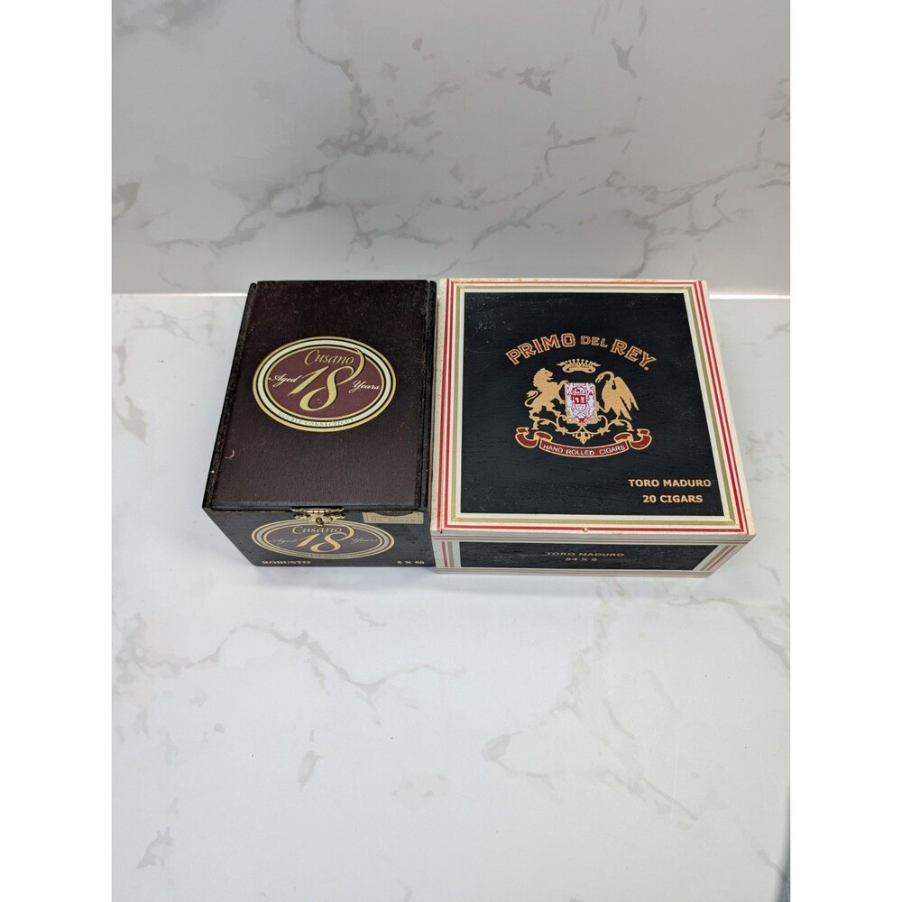 Cusano 18 & Primo Del Rey Wood Cigar Boxes Empty 2pc Lot Hinged